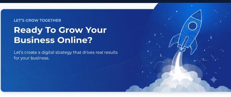 A web banner illustration of Digital Marketing agency in punjab with a deep blue gradient background. Text on the left includes "LET'S GROW TOGETHER," the headline "Ready To Grow Your Business Online?", descriptive text, and a white button labeled "GET A FREE CONSULTATION." On the right, a stylized, patterned rocket ship launches upwards from a smoke cloud.