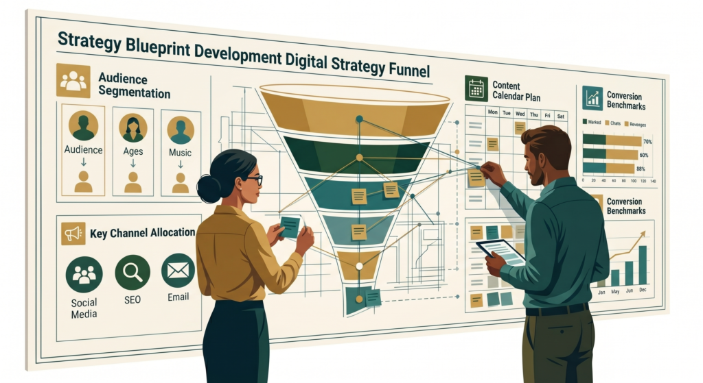 An illustration of digital marketing professionals analyzing a strategic blueprint and marketing funnel dashboard for business growth.