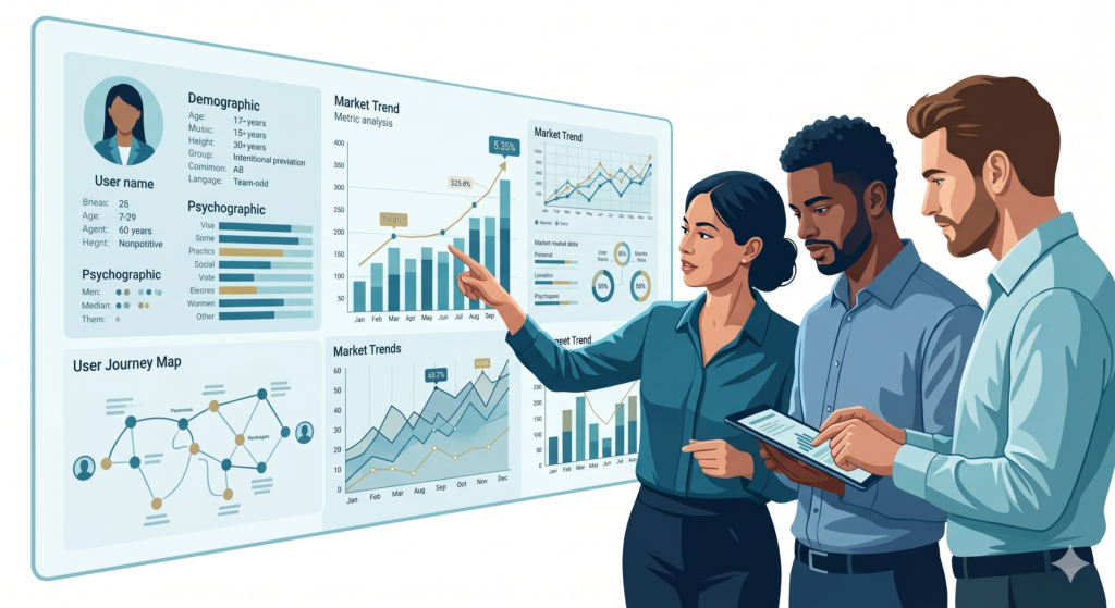 A businesswoman pointing to a large digital screen displaying marketing analytics and growth charts alongside a colleague reviewing data on a tablet.