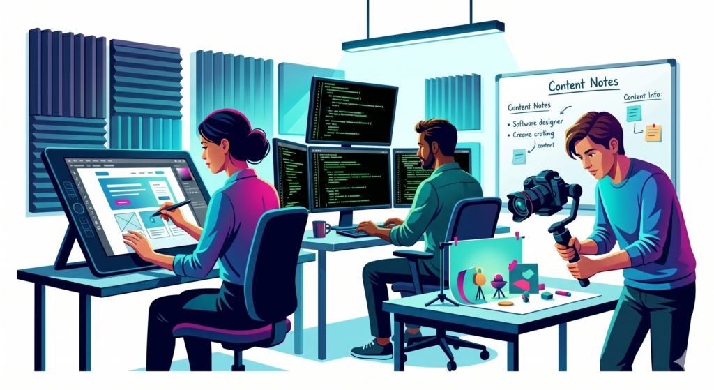 An illustration of web developers working in a modern tech workspace with multiple monitors displaying lines of code and website architecture interfaces.
