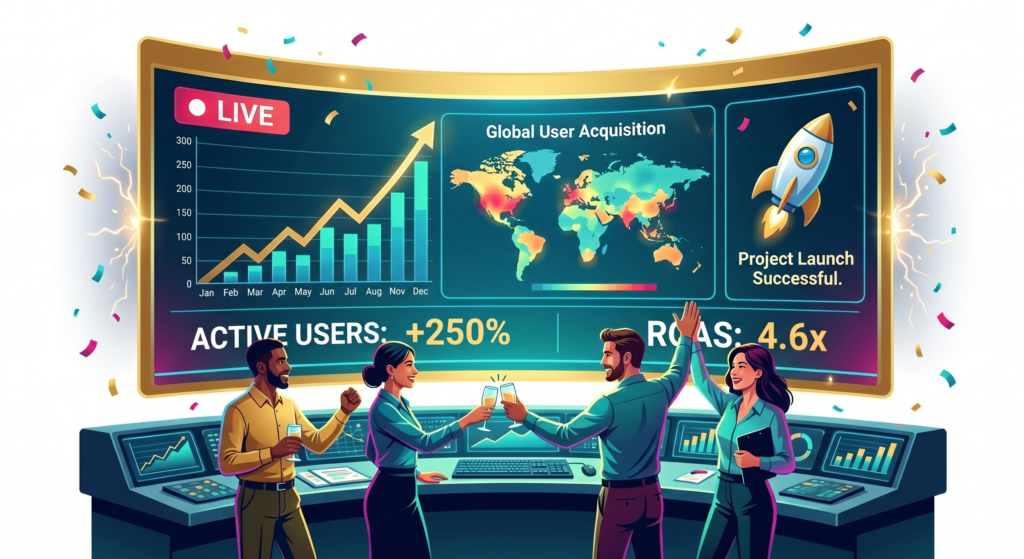 An analytics dashboard displaying global user acquisition on a world map, a rising campaign performance line chart, and positive ROAS metrics, representing a successful digital marketing launch.