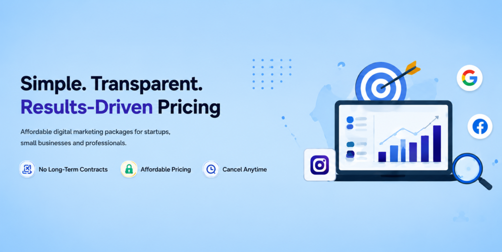 Affordable digital marketing pricing packages including SEO, Google Ads, Social Media Marketing, Meta Ads, and website design services by GetDigitalSpark.